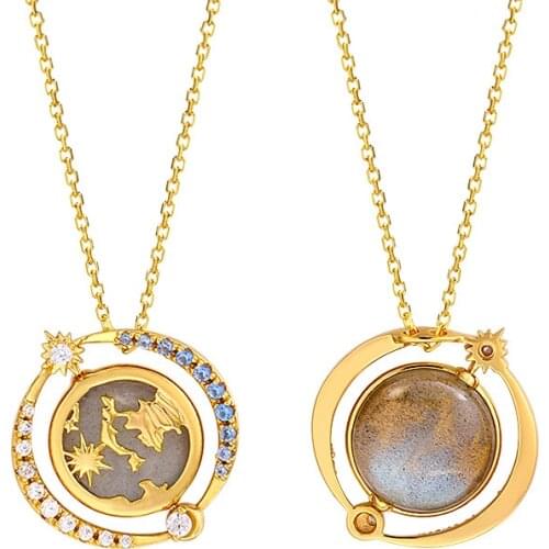 LAMOON Natural Labradorite Necklace s925 Silver K Gold Plated Universe Planet Spinner Pendant For Women Romantic Brithday Gift