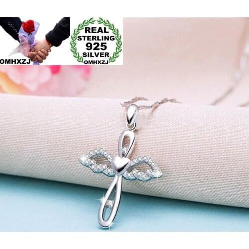 OMHXZJ Wholesale European Fashion Woman Girl Party Wedding Gift Angel Wing AAA Zircon S925 Sterling Silver Pendant Necklace NA95