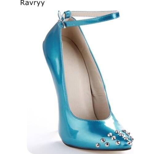 Blue Woman high heel Pointed Toe rivets decor Sexy Pumps thin heel female shoes stiletto Model Show club party pole dance shoes