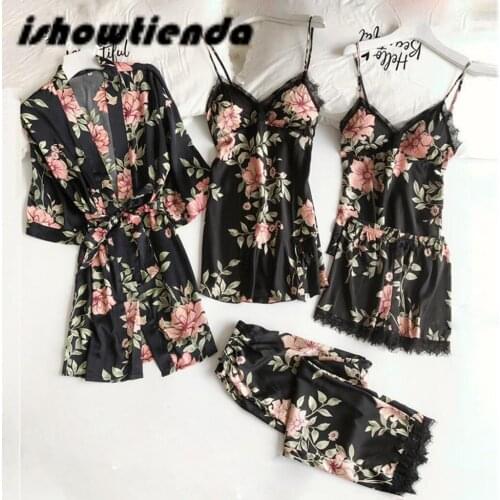 5pc Pajamas Set Sexy Lace Satin Robe Sleepdress Bathrobe Trousers Shorts Lingerie Pajamas Sleepwear Robe For Women Long Pant#45