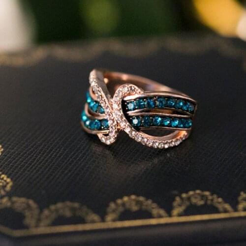 European and American Fashion Geometric Line Ring for Women Creative Blue Crystal Banquet Ring Jewelry Size 6-10