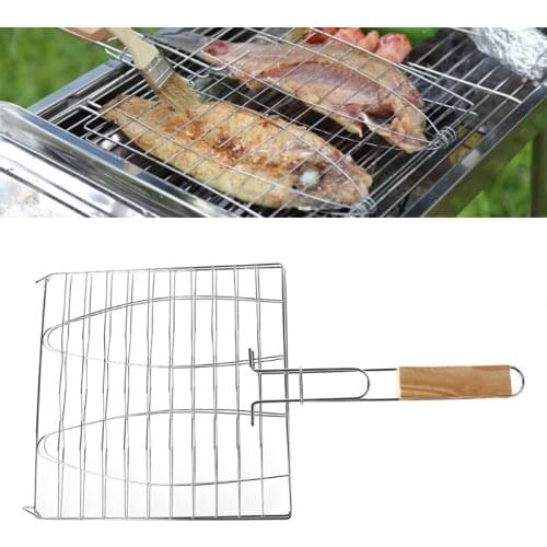 VFGTERTE Handheld Barbecue Meshes Iron Grilling Basket with Wooden Handle for Meat Fish Vegetable Kitchen Camping BBQ Tools
