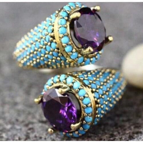 Vintage Gold Color Turquoises Beaded Opening Ring for Women Girls Punk Gothic Party Retro Purple Zircon Jewelry Gift