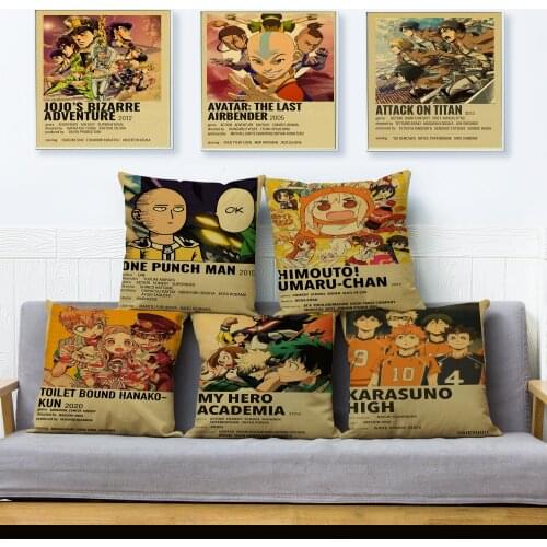 Vintage Japanese Anime Print Cushion Cover One Punch Man Haikyuu Death Note Pattern Pillowcase Sofa Home Decor Pillows Cases