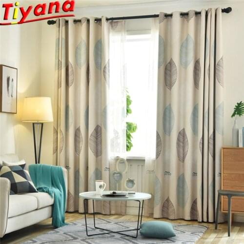 Yellow Curtain Printed Leaves Curtains for Living Room Blue 70%Shading Curtains for Bedroom Leaves Tulle Blackout CurtainWP418#3