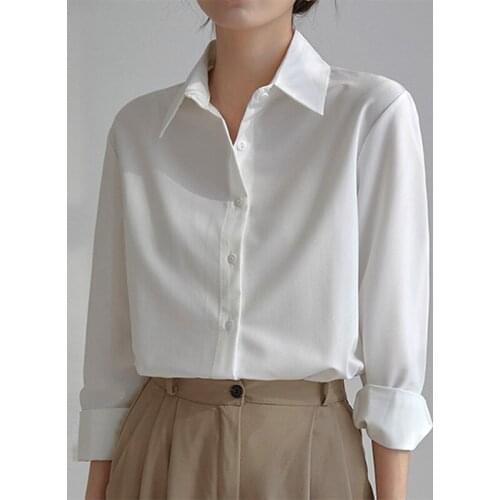 Autumn Satin Slik White Woman Blouses Long Sleeve Office Turn-down Collar Button Shirt Womens Fashion Loose Casual Tops 15651