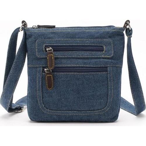 Front double zippers shoulder bag cotton denim cross body bag lady jeans messenger bag woman small bag