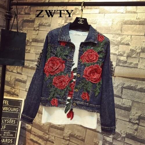 ZWTY New Womens Embroidery Red Rose Short Denim Jacket Coat Hole Long Sleeve Skinny Dark Blue Jeans Coats Outfits Spring Autumn