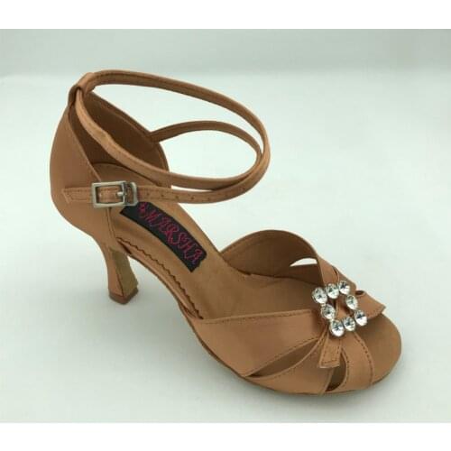 New Comfortable latin womens dance shoes ballrom salsa dance shoes in dark tan satin 6212DT
