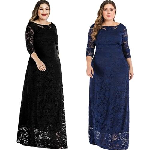 Plus Size Lace Long Dress Formal Vintage Wedding Party Evening Backless Sexy 3/4 Sleeve Floor-Length Summer Fashion Vesitido New