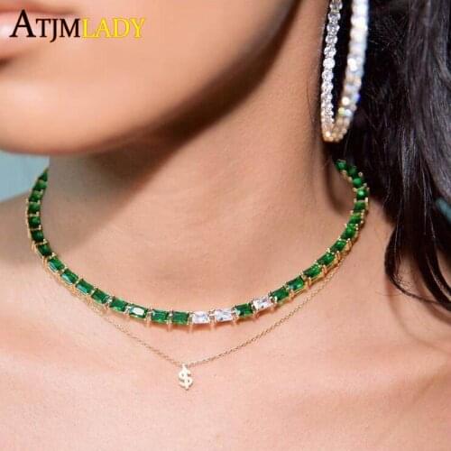 2020 Luxury women baguette cz choker necklace iced out white green Cubic Zirconia Gold Vermeil Baguette Tennis Choker Necklace
