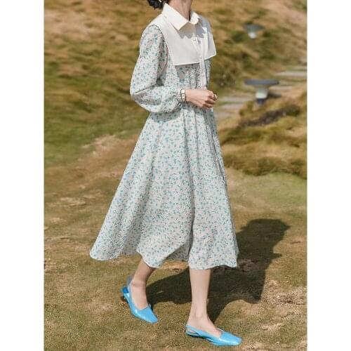 2021 Korean spring and summer new simple temperament shirt collar fake two long sleeve floral dress womens l105