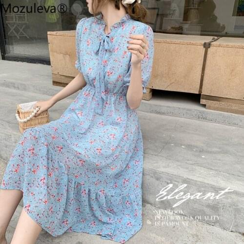 Mozuleva Vintage Summer Floral Print Chiffon Dress Women 2021 Short Sleeve Bow Plus Size Dress Female Beach Boho Party Vestidos