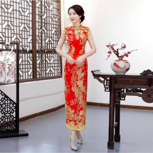 Red Embroidery Chinese Wedding Dress Qipao Long Cheongsam Modern Bride Marry Slim Vintage Gown Women Oriental Style Dresses Robe