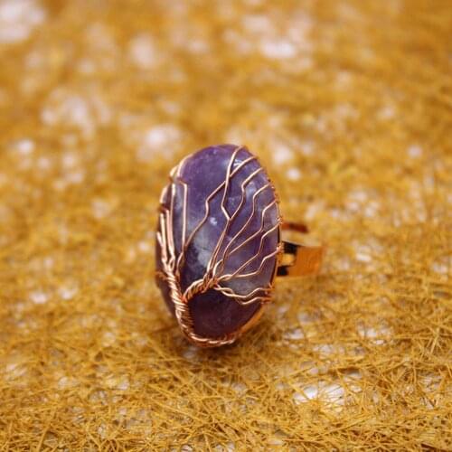 12PCS Natural Stone Amethysts Opal Tiger Eyes Rings HandWork Metal Wire Twist TreatThe Tree of Life Rings for Women Jewelry Free