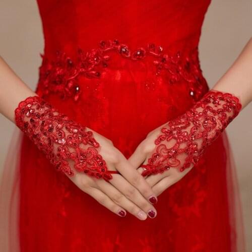 2019 Fashion Red White Fingerless Wedding Gloves Lace Beaded For Bridal Wedding Accessories