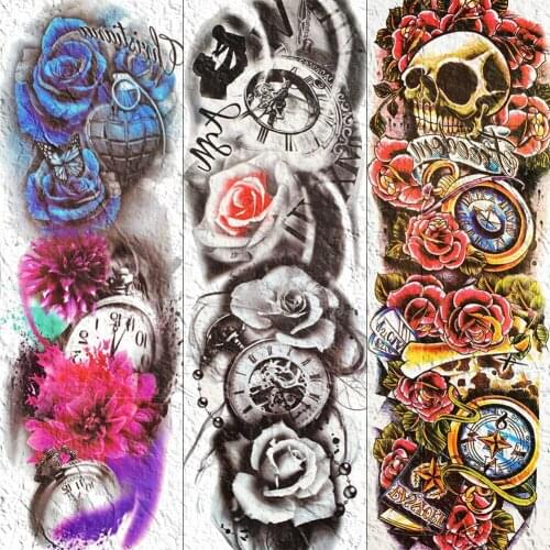 3D Waterproof Full Arm Rose Flower Tattoos Temporary Body Leg Art Skull Henna Fake Tatoo Paper For Men Women Long Tattoo Sticker