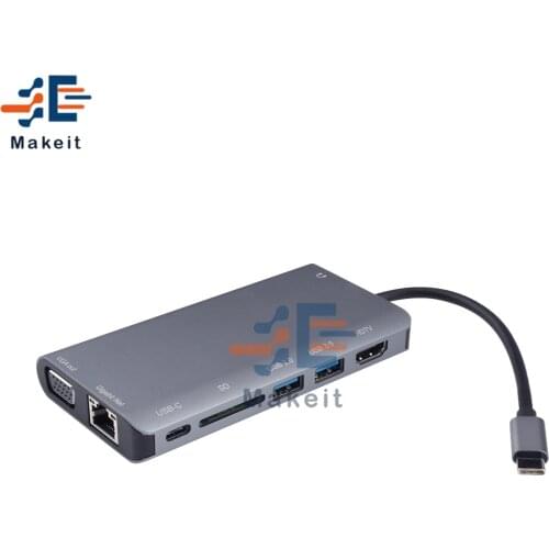 Type-c to HDMI-compatible+VGA+USB 3.0+SD Card Reader+Gigabit Ethernet Port+PD Type-C Dock USB-C 8 In 1Adapter Converter Hub
