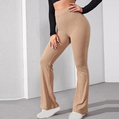 Slacks Women Pants Solid Color Knitted Summer High Waist Full Length Flared Trousers for Sports Ankle-Length Black Wide Leg Pant