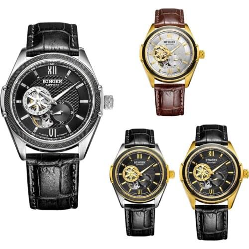 Genuine Watch Men BINGER1165 Fashionable Style Mens Watch High Quality Leather Crystal Mechanical Watches 2020 luxury l