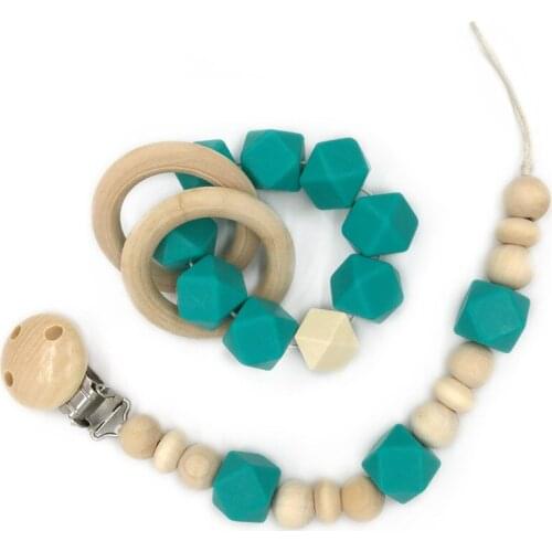 Silicone Beech Wood Chew Beads Pacifier Clips Dummy Clip Holder Cute Pacifier Clips Soother Chains Baby Teething Toy Baby Chew