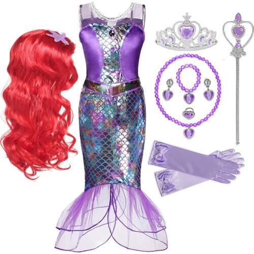 Girl Princess Little Mermaid Ariel Dress Kids Halloween Fancy Costume Children Carnival Birthday Party Clothes Summer Dress Up
