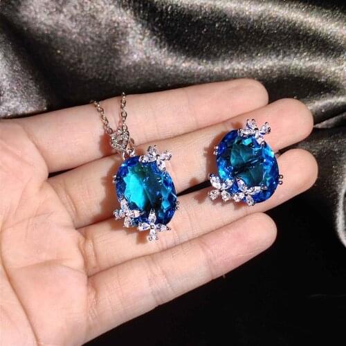 Exquisite Crystal Blue Oval Butterfly Penadnt Necklace For Women Jewelry Trendy 925 Silver Choker Necklaces Ring Sets Lady Gift