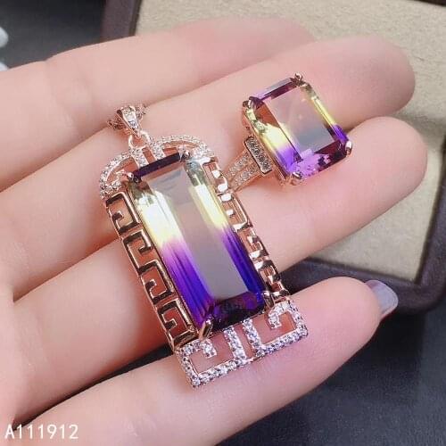 KJJEAXCMY fine jewelry Ametrine 925 sterling silver women gemstone pendant necklace chain ring set luxury