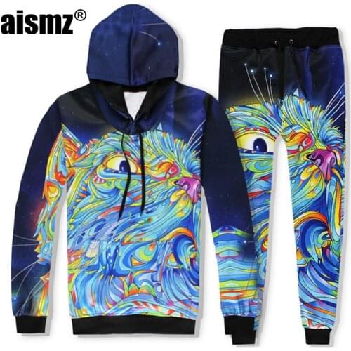 Aismz New Fashion Two Piece Men Women Tracksuit Clothing Sets 3D Print Colorful Animal Cat Sweatshirt+Pants Fitness Tops Set