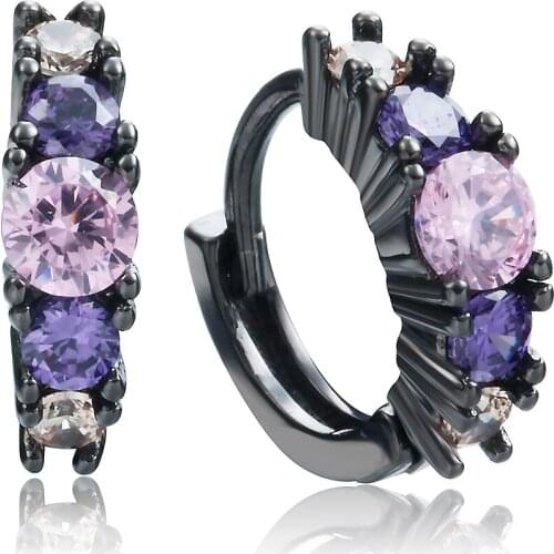 Hainon Black Gold/Silver Color Round Cute Purple Pink CZ Stones Small Hoop Earring for Women Wedding Engagement Earring Jewelry