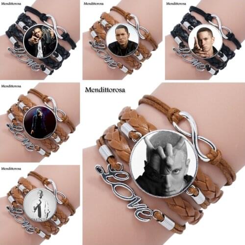 Mendittorosa Jewelry Glass Cabochon Multilayer Black/Brown Leather Bracelet Bangle For Women Gift Eminem