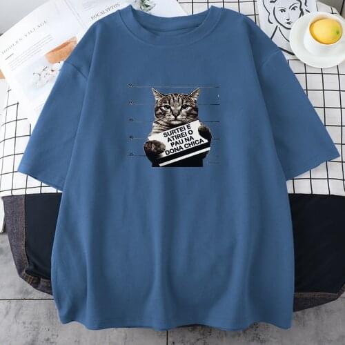 Little Fat Cat Holding A Crime Card Printing T-Shirts Women Fashion Quality Tshirts Big Size Clothes Loose Crewneck Woman Tshirt
