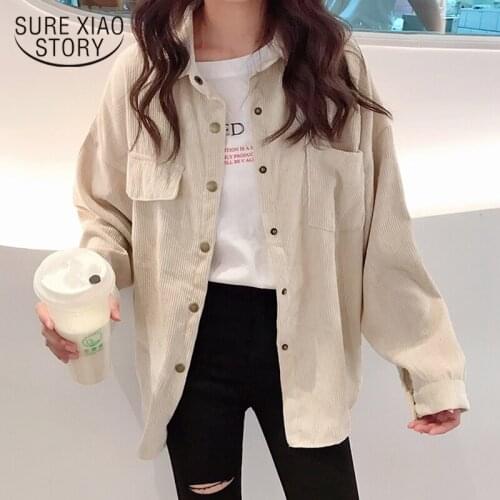 2021 Autumn Corduroy Solid Womens Shirt Single Breasted Turn Down Collar Blouse Long Sleeve Cardigan Plus Size Blouse 11382