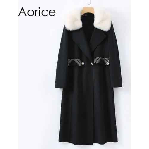 Aorice Women Real Fox Fur Collar Wool Blends Coat Jacket Parka Long Trench CT081