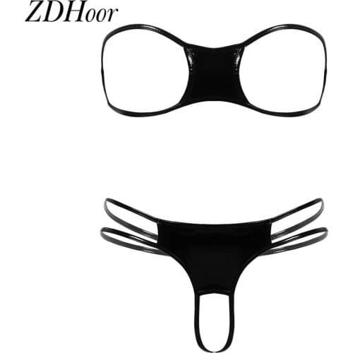 Sexy Womens Patent Leather Mini Bikini Lingerie Set Femmes Hollow Strapless Open Cups Bra Top with G-string Briefs Underwear