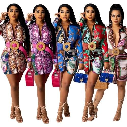 Casual Women Shirt Dresses Fashion Printed Button Up Mini Dress Long Sleeve Turn Down Collar Autumn Dress Office Lady Clothes
