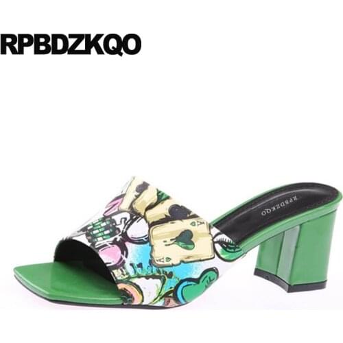 Slides Shoes Runway Block Floral Print High Heels Green Thick Pumps Designer Sandals Women Luxury 2017 Square Slip On Ethnic