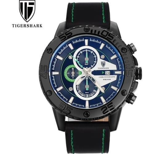 TIGERSHARK Fashion Top Brand Chronograph Leather Strap Mens Sport Watches Luminous 30M Waterproof Watch With Gift Box