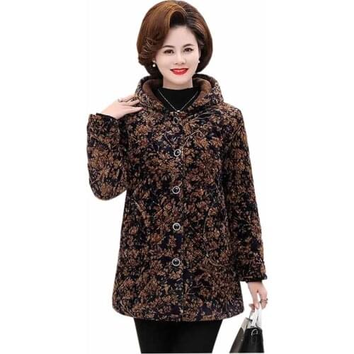 Three Layers Thicken Padded Coat Middle-aged Women Winter Jacket Print Hooded Plus Fluff Warm Parka Plus Size Mother Clothes