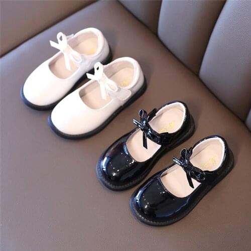 2021 Spring New Girls Shoes Bowtie Mary Janes Patent Leather Shoes Black Princess Shoes White Flower Child Party Shoes Kids