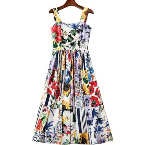 Top Quality 2021 Summer New Original Design D Style Cotton Printed Mid-Length Vest Dress Gorgeous Luxury Runway