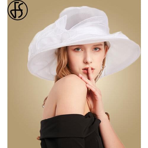 FS White Wide Brim Organza Hats For Women Elegant Summer Sun Hats Beach Wedding Hat For Black Church Cap Chapeau Femme 2020