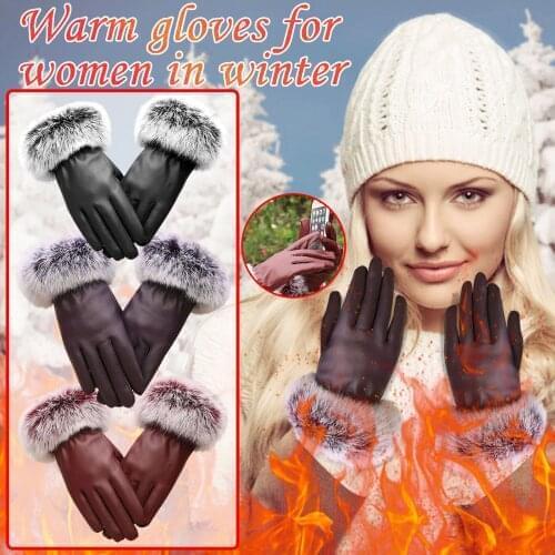 Ladies and womens black leather gloves autumn and winter warm rabbit fur mittens ladies imitation rabbit fur gloves riding