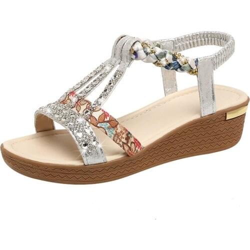 Women New Brand Sandals Outdoor Non-slip 2021 Lady Wedge Slippers Female Girls Cool Garden Shoes Bling Sequins Rhinestone Mules