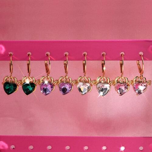 Flatfoosie Bling Rhinestone Heart Drop Earrings For Women Fashion Gold Silver Color Heart Geometric Earrings Wedding Jewelry