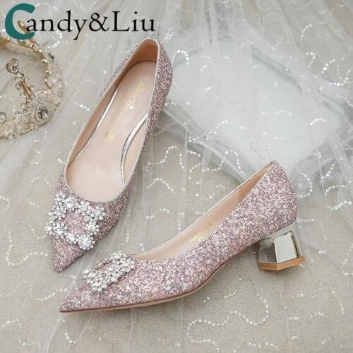 Lady Middle Fat Heels Sequins Crystal Wedding Shoes Summer Female Dress Wear 2021 New Thick Heel Bride Pregnant Women Daily