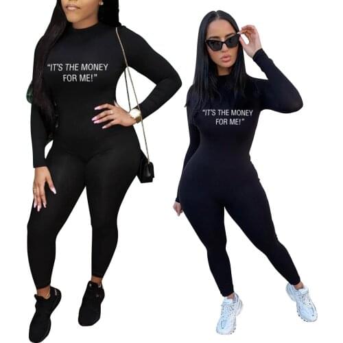 Solid Color Letter Print Long Sleeve Graphic Neck Bodycon Jumpsuits Women 2021 Spring Autumn New Arrival Rompers