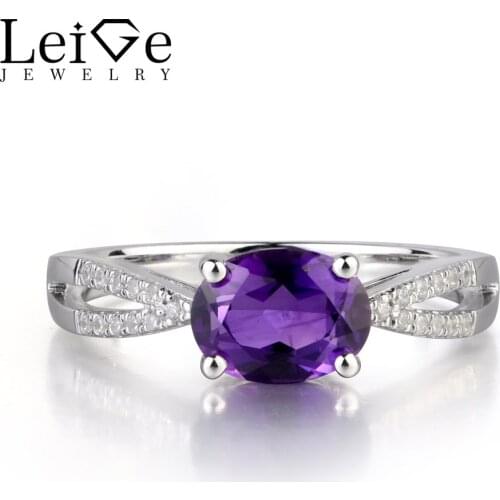 Leige Jewelry Real Amethyst Gemstone Oval Cut Prong Setting Anniversary Rings 925 Sterling Silver Trendy Gifts For Girls