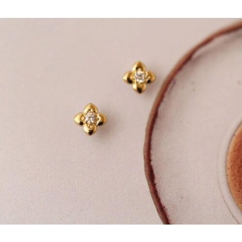 9K Solid Gold Four leaf flowers crystal Dainty Stud Earrings Jewelry Minimal Style bridal shower bridesmaid Victorian Vintage