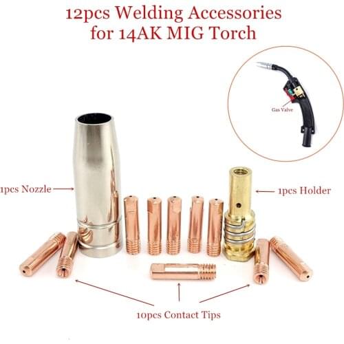 13pcs MB 15AK MIG Welding Torch Consumables Contact Tip 0.6-1.2mm Gas Nozzle Holder Accessory for 180A Welding Machine Gun